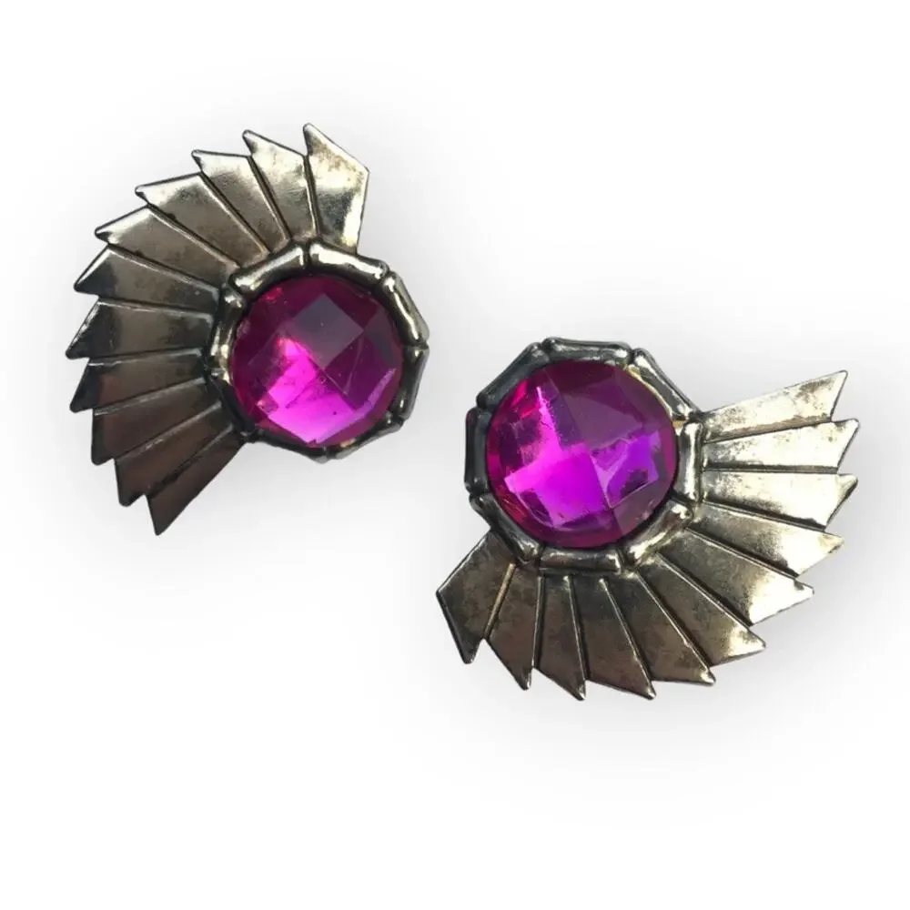 80s style purple accent chrome wing post earrings